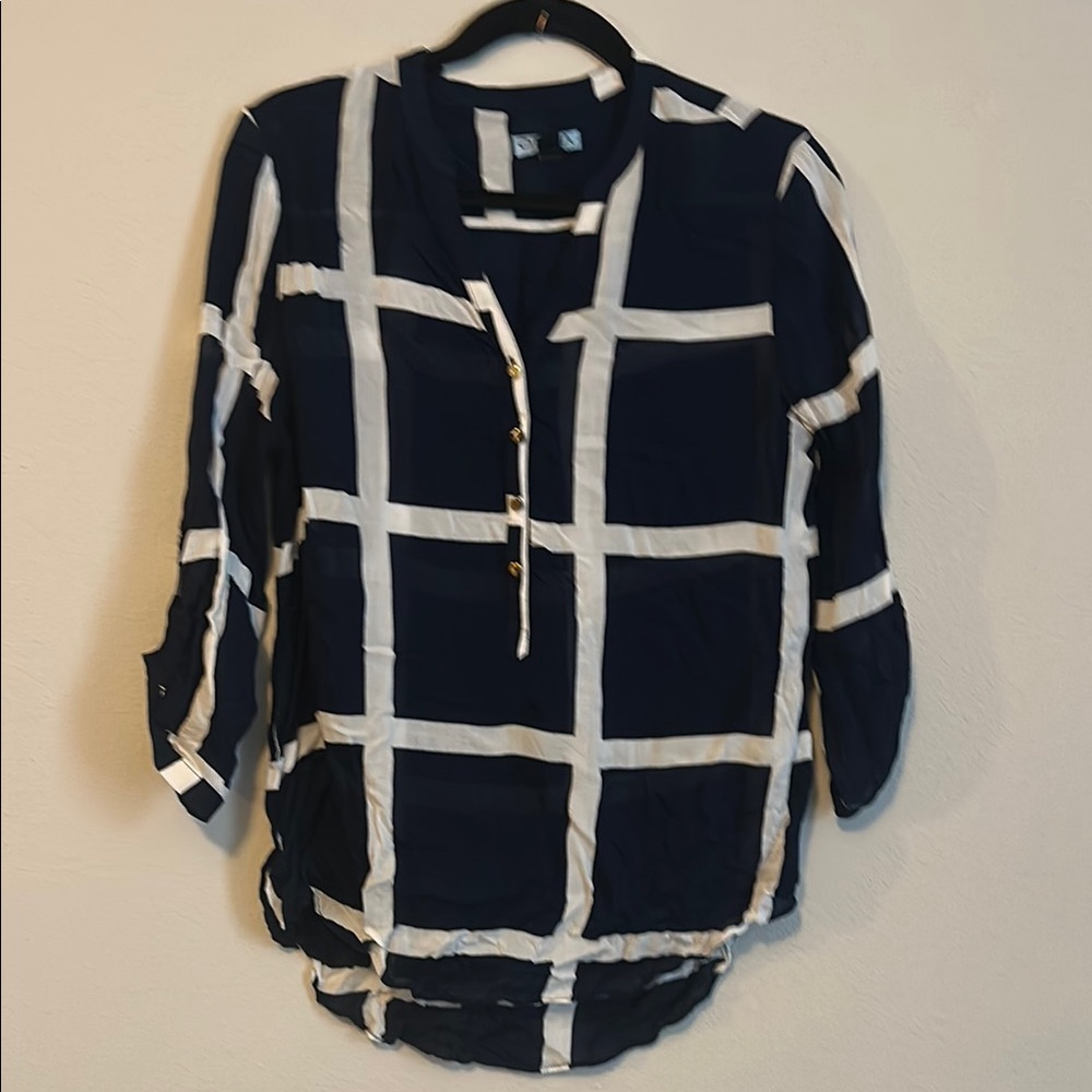 Navy blue and white checkered shirt